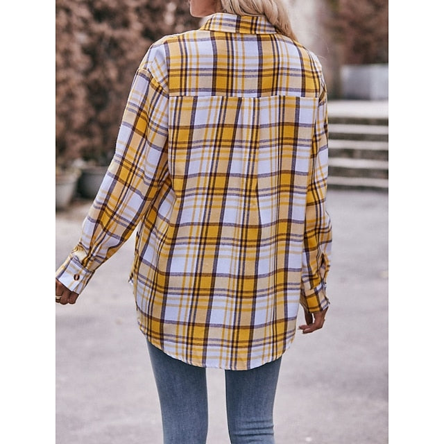 Women's Shirt Pocket Buttons Print Plaid Vintage Tropical