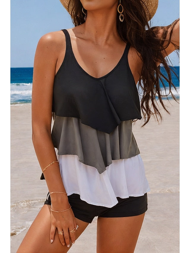 Women's Tankini Swimsuit Color Block Layered Black Grey
