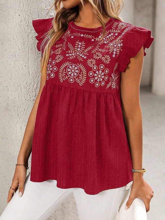 Women's T Shirt Tee Top Embroidered Floral Bohemia Vintage