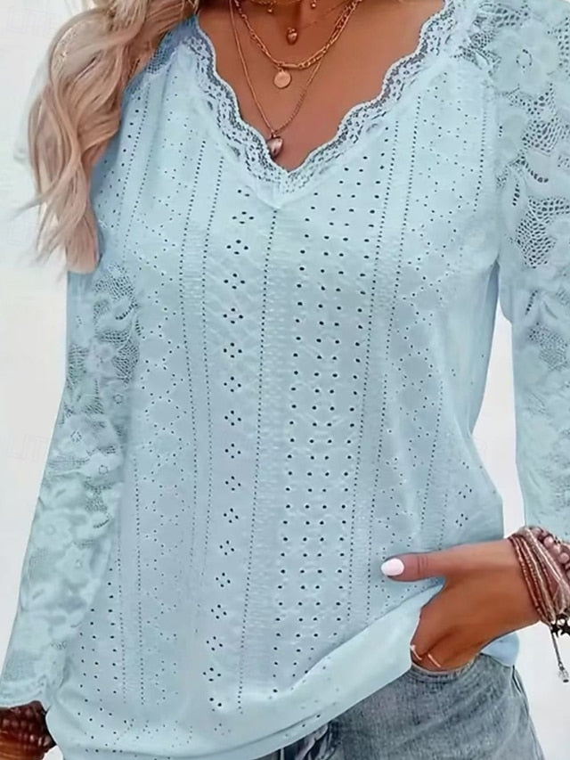 Women's Blouse Lace Tops Plain Active Stylish Long Sleeve V