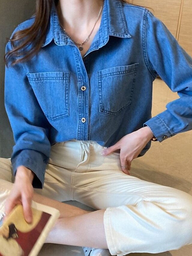 Women's Shirt Blouse Pocket Buttons Plain Casual Long