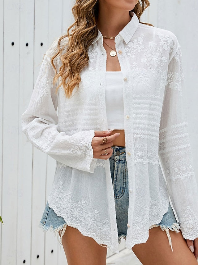 Women's Shirt Blouse Lace Solid Color Elegant Daily Stylish