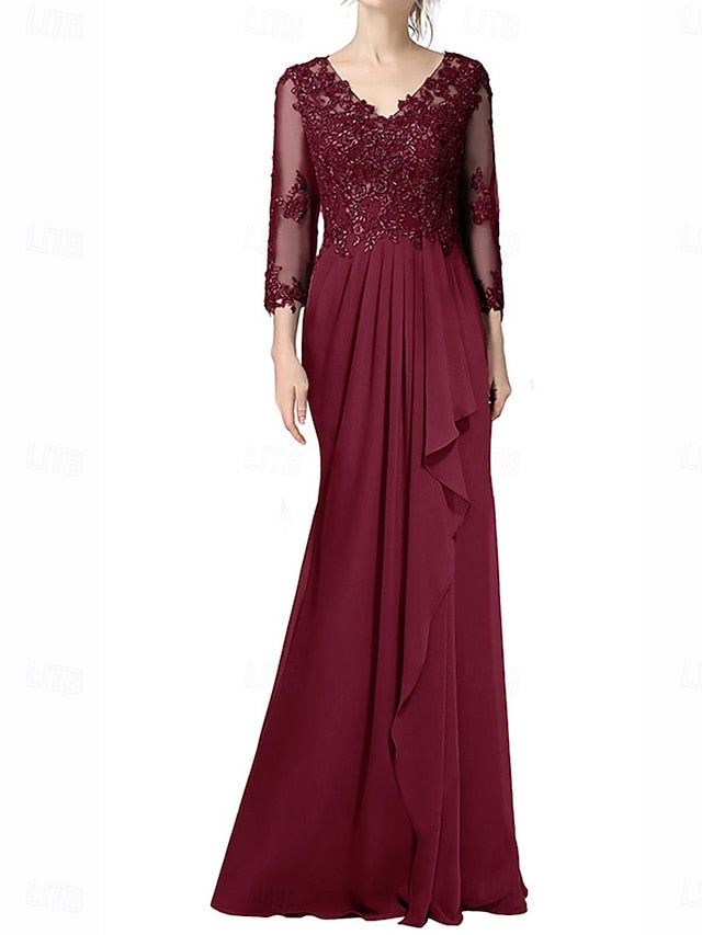 Dress Mother Floor Length Neck Bride Elegant V the of A-Line