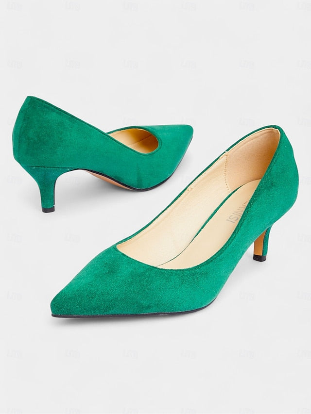Women's Pointed-Toe Kitten Green Suede Pumps Emerald with