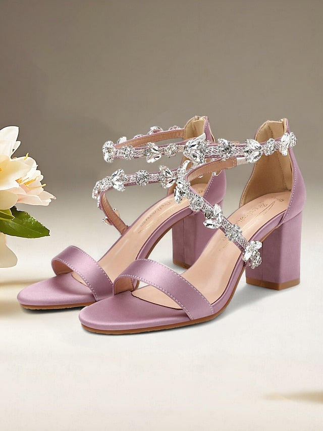 Heel Pink Straps with Crystal Women's Sandals Block Satin