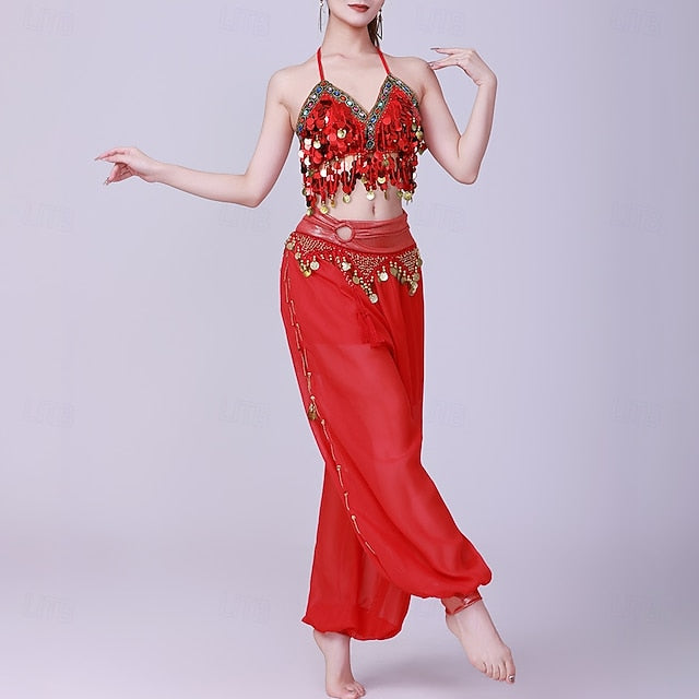 Latin Dance Top Gold Coin Pure Color Splicing Women's