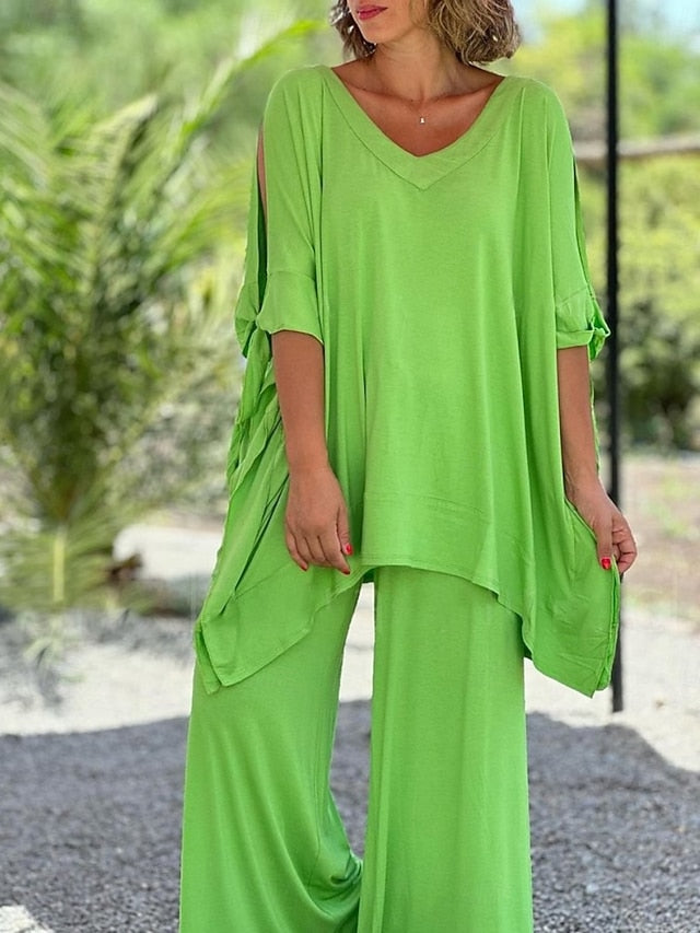 Women's Pants Sets 3/4 Length Sleeve V Neck Solid Color
