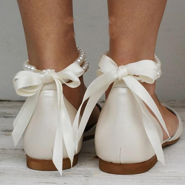 Flats Strap Bridal Pearl – Elegant White Ankle Women's