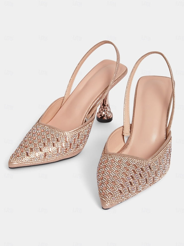 Women's Slingback with Rose Heels Geometric Gold Rhinestone
