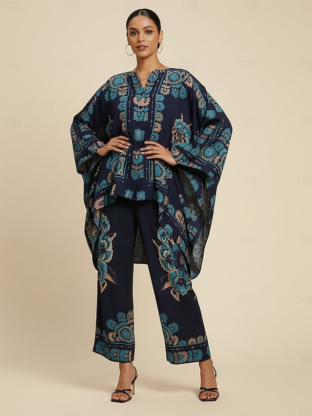 Women's Wide Leg Pants Chiffon Ethnic Floral Hawaiian Print