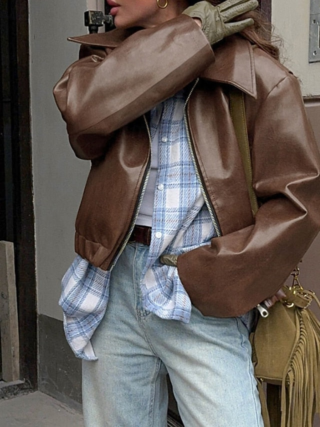 Warm Pocket Faux Leather Comfortable Zipper Jacket Women's