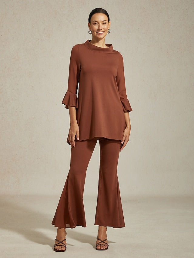 Women's Blouse Coffee Brown Chiffon Modal Slim Fit Sheer