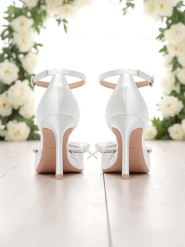 Satin Women's High White Heels Lace