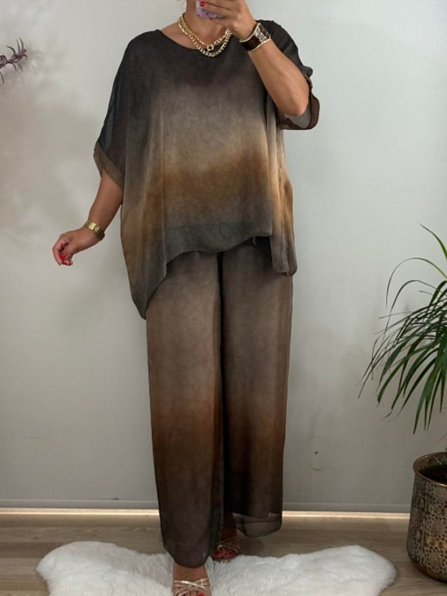 Women's Pants Sets 3/4 Length Sleeve Crew Neck Gradient