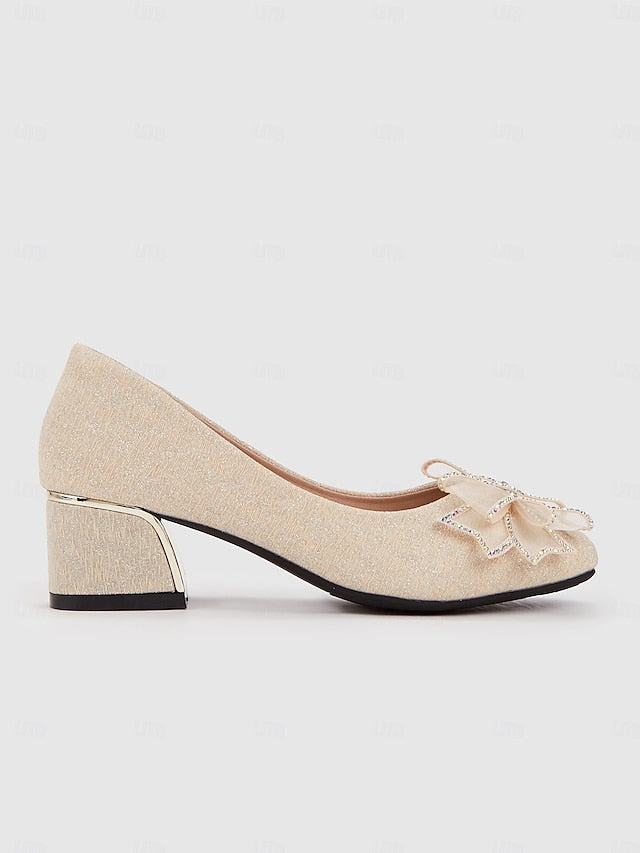 Gold Pumps Glitter - Heel Decoration Bow Women's Block with