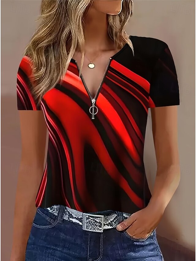 Women's T Shirt Color Block Quarter Zip Graphic Geometric