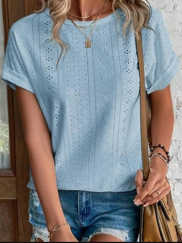Women's Texture Blouse Eyelet Top Pointelle Tee Tunic