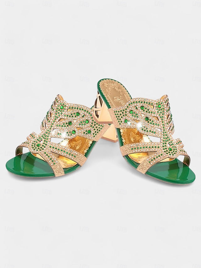 Rhinestone Embellished Heeled Gold and - Sandals Green