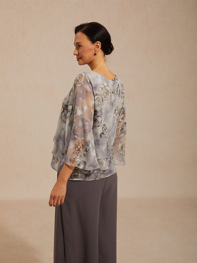 Women's Chiffon Tops Lace up Floral Elegant 3/4 Length