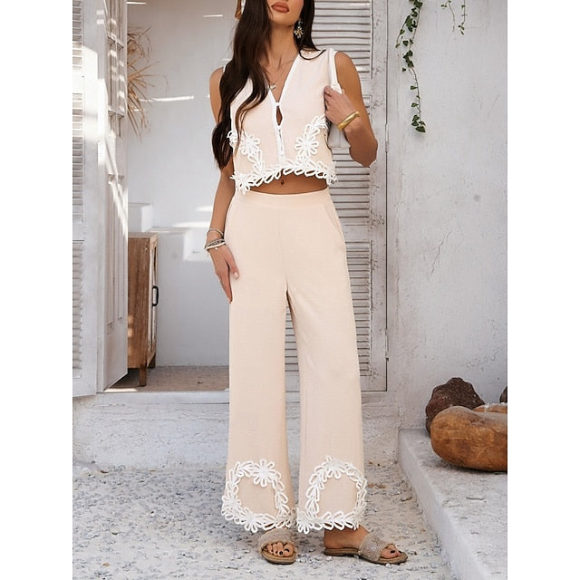 Women's Shirt Pants Sets Sleeveless V Neck Solid Color Lace