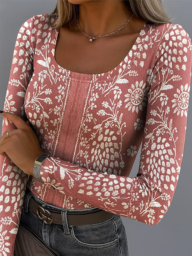 Women's T shirt Long Sleeve Ribbed Graphic Square Neck Long