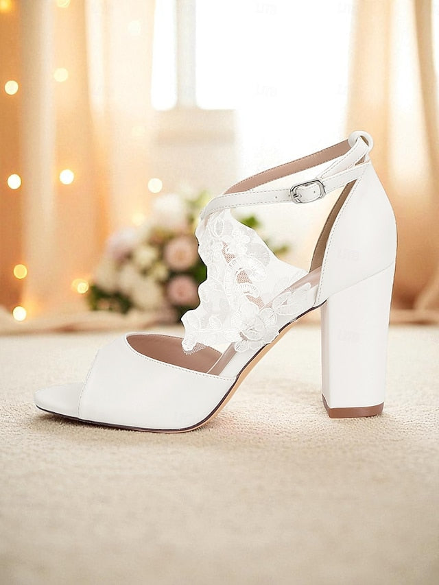 Block Strap White Heel Sandals Ankle Women's Lace with -