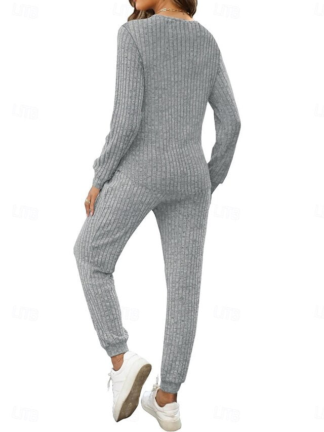 Women's Pants Sets Long Sleeve Crew Neck Solid Color
