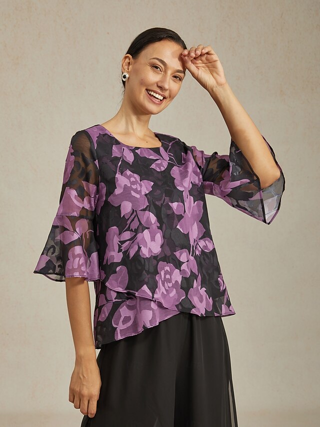 Women's Chiffon Burnout Top Black Purple Round Neck Casual