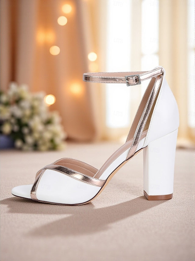 Strap with Metallic White Block Women's Heel Ankle Sandals
