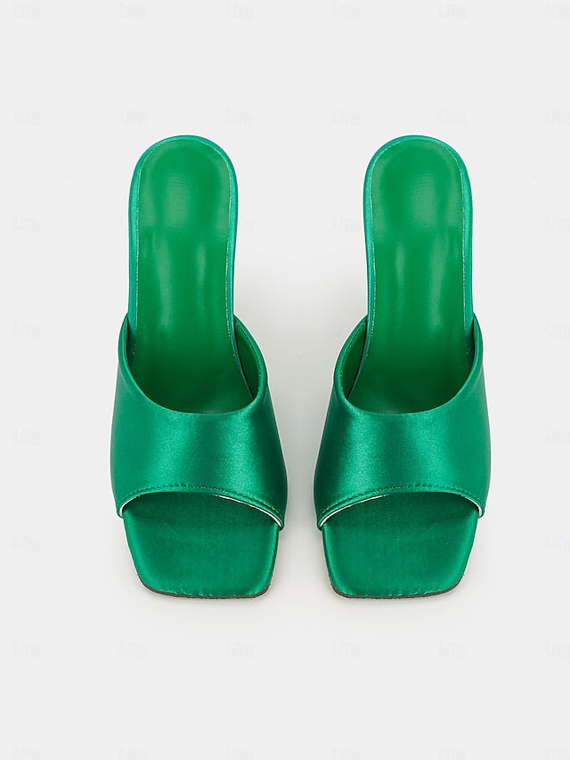 Satin for Block Open-Toe Green Mules Heels Transparent with
