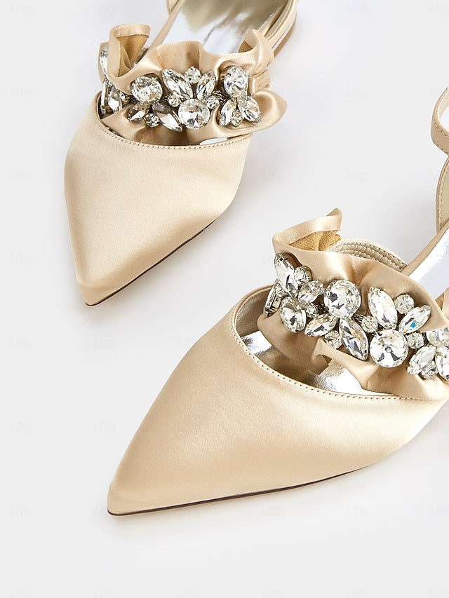 with Satin Pointed-Toe Flats Black Rhinestone Women's