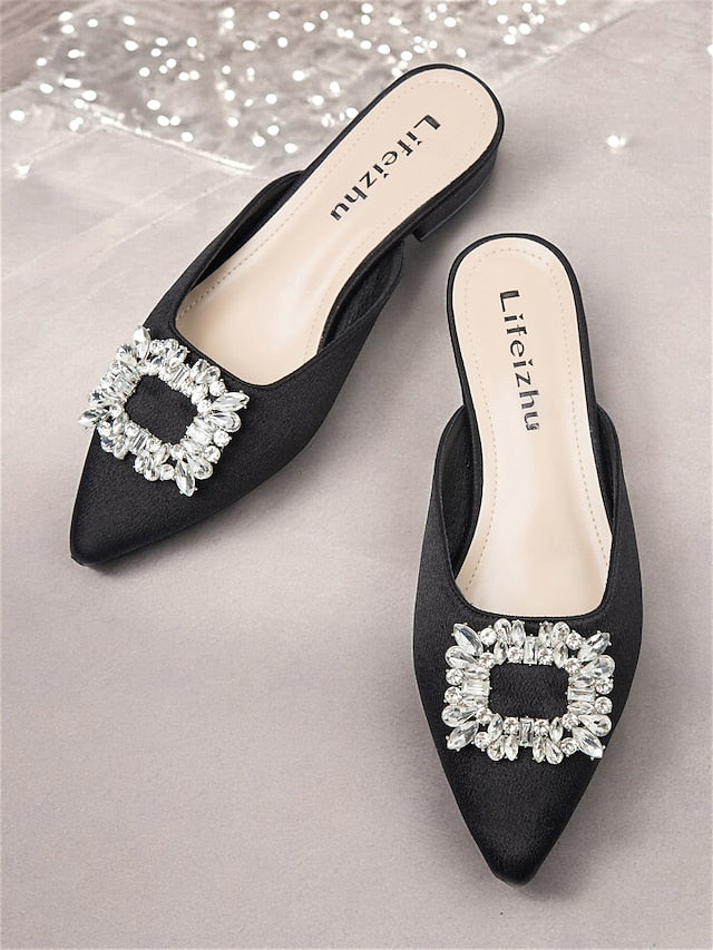 Black with Satin Rhinestone Mules Pointed-Toe Women's