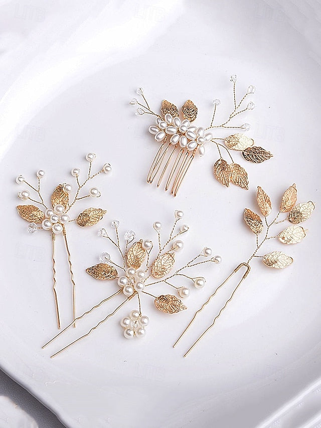Set Bridal Hair Pearls Leaf with Accessory Gold Silver and Faux