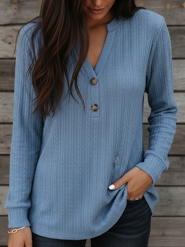 Women's T Shirt Tee Top Buttons Solid Color Elegant Fashion