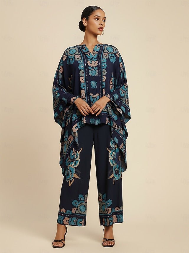 Women's Wide Leg Pants Chiffon Ethnic Floral Hawaiian Print