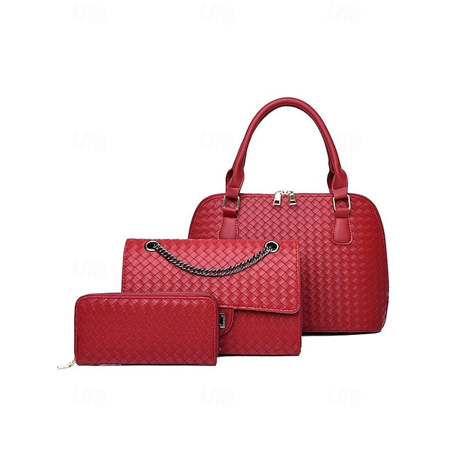 Handbag Set Brown Leather Women's Woven – 3-Piece Faux