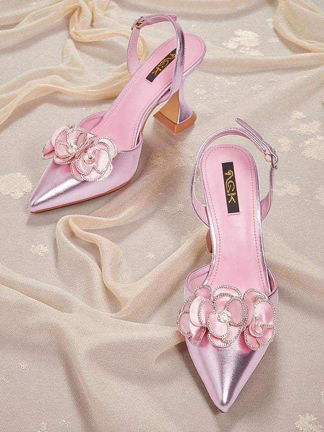 Satin Pointed with Women's Pink Heels Floral Toe