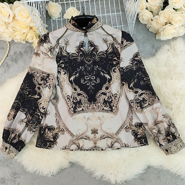 Women's Blouse Ruched Print Floral Elegant Stylish Long