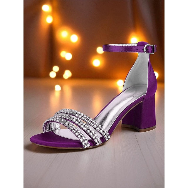 Purple Sandals Women's with Block Rhinestone Satin Heel