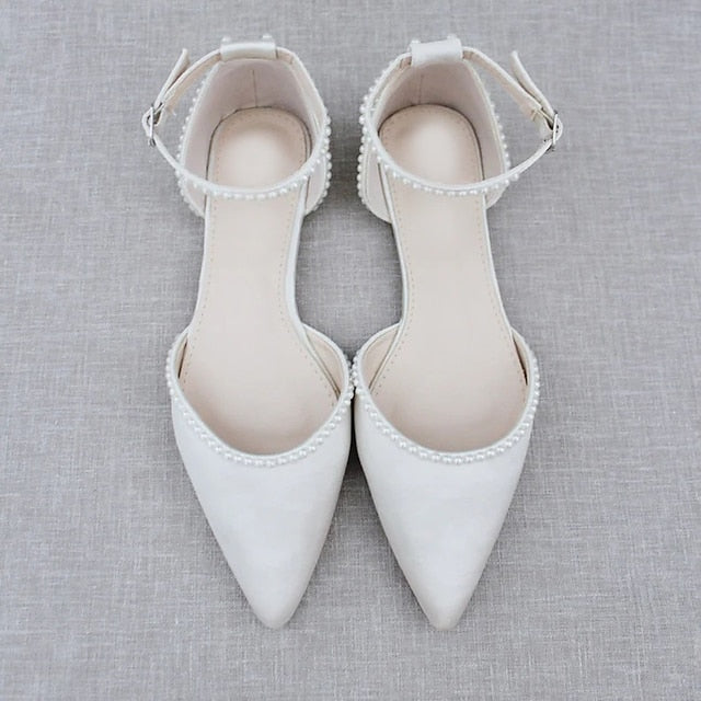 Flat Toe Pearl-Embellished Shoes with Women's Pointed White