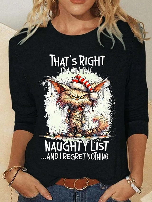 Christmas Women's T Shirt Print Graphic Animal Cat Vintage