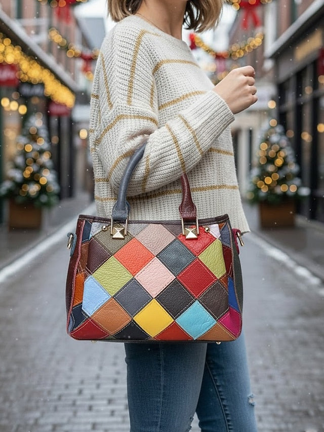 Women's Leather Handbag, Multi-Color Patchwork Design,