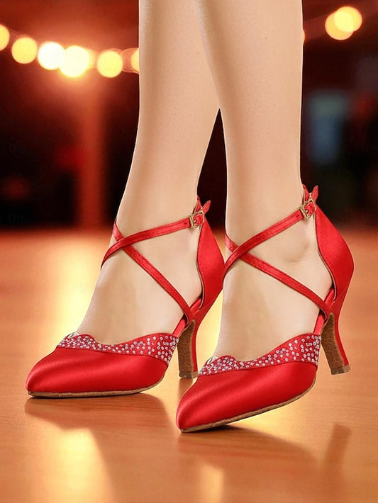 Red Shoes Toe Dance Cross Satin - Women's Closed Ballroom