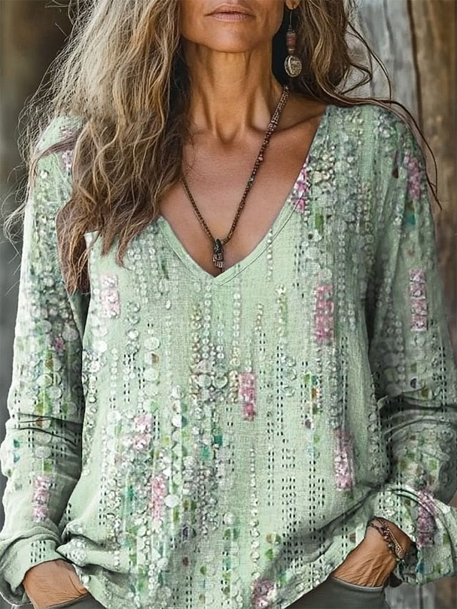 Women's Blouse Print Floral Bohemia Vintage Long Sleeve V