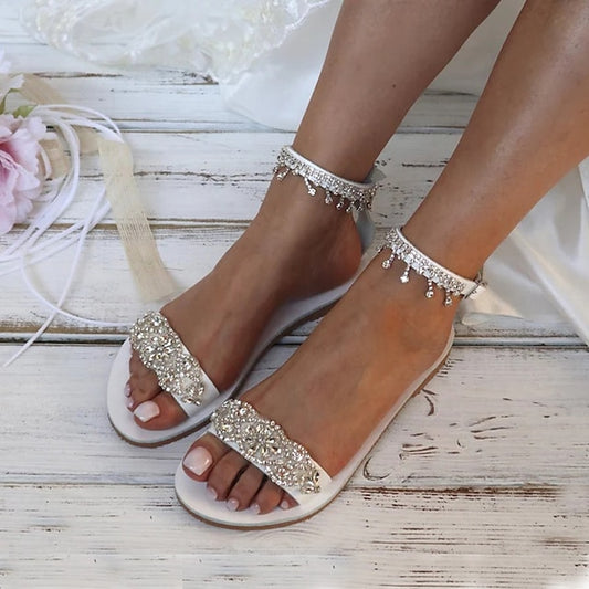 Bridal Rhinestone Women's – White Sandals Elegant Flat