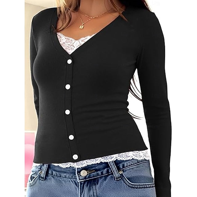 Women's Blouse Lace Patchwork Buttons Solid Color Elegant