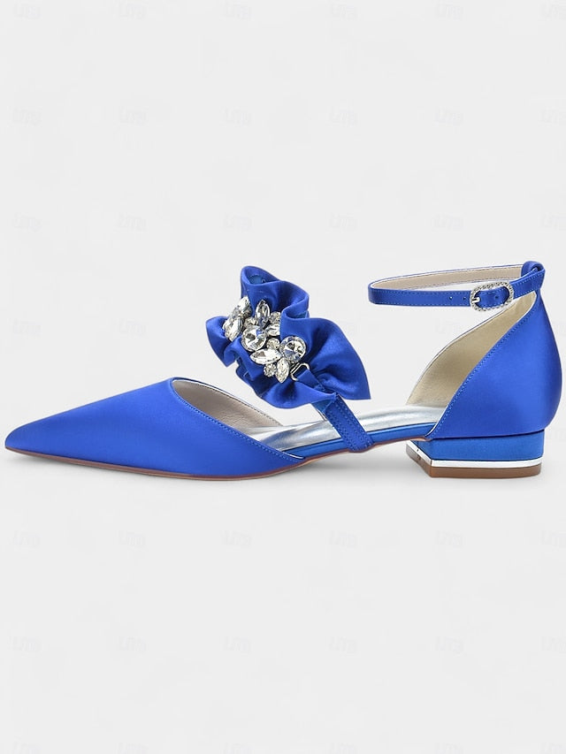 with Satin Pointed-Toe Flats Black Rhinestone Women's
