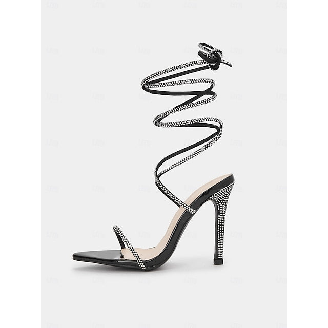 Women's Stiletto Sexy Black Lace-Up Sandals – Rhinestone