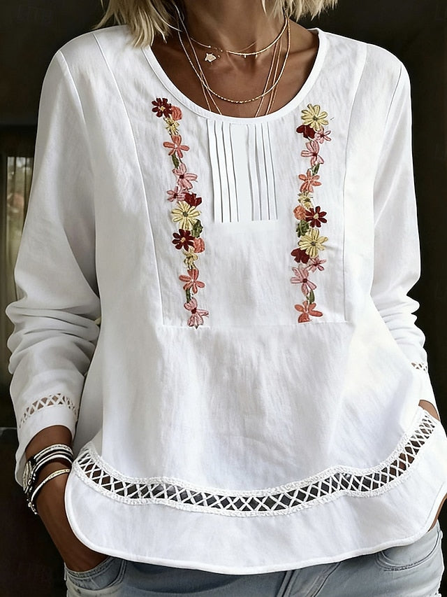Women's Shirt Blouse Ruched Patchwork Embroidered Floral