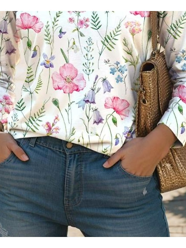 Women's T Shirt V Neck Long Sleeve Tunic Floral Fashion